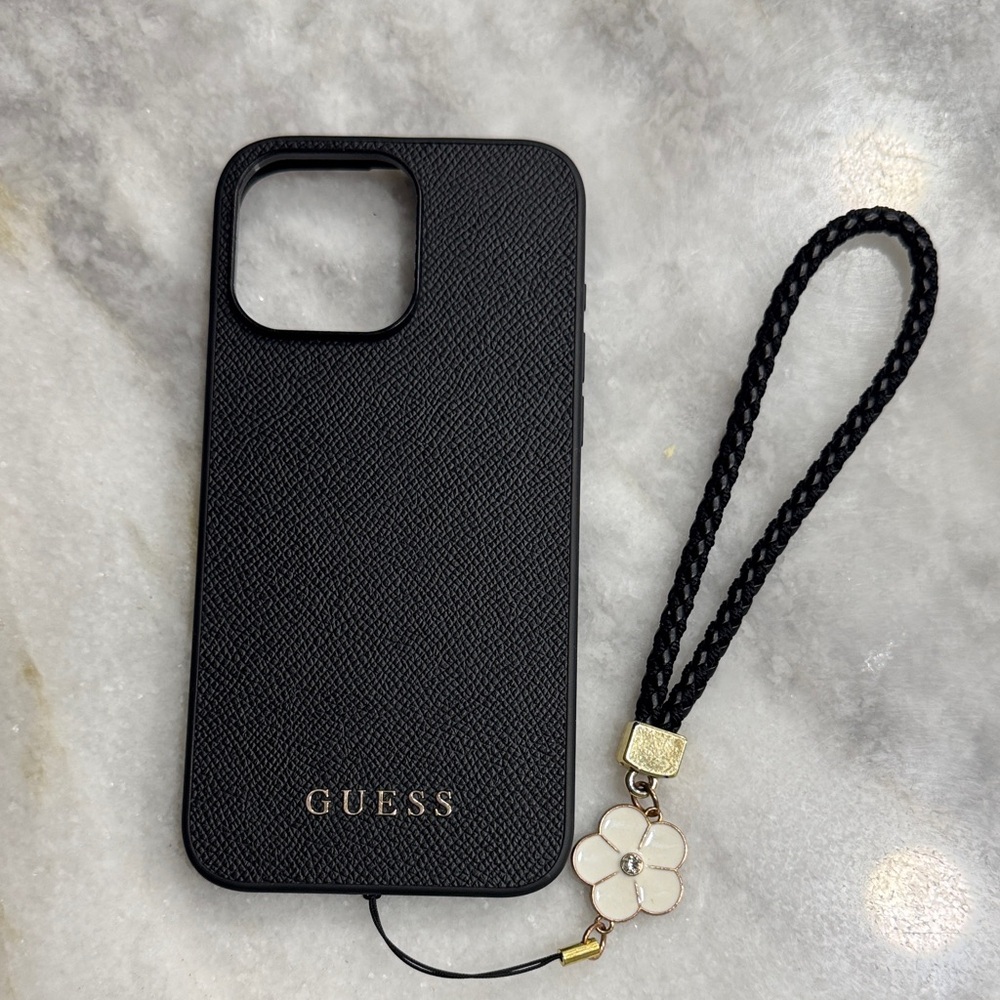 GUESS Black Phone Case with Strap iPhone 15 max pro